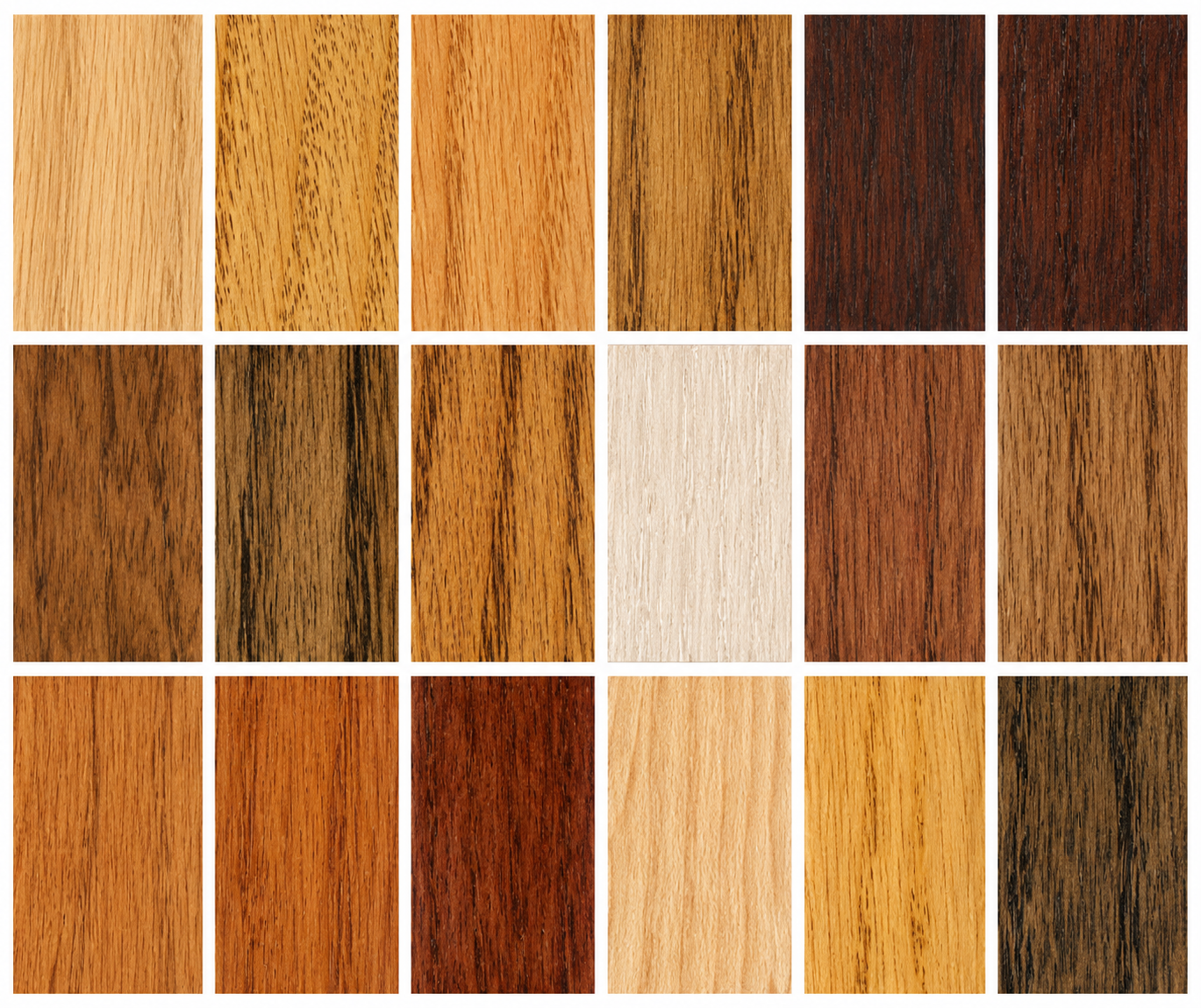 Grid of wood stain colour swatches across different timber tones